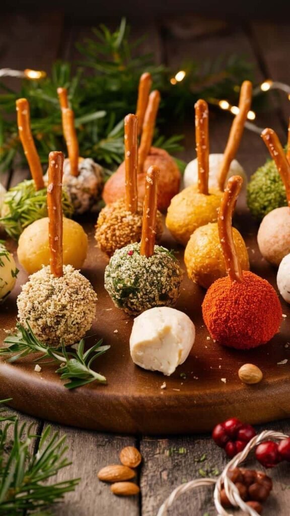 Mini Cheese Balls on Pretzel Sticks