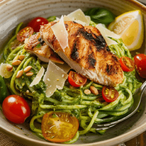 Pesto Zucchini Noodles with Grilled Chicken