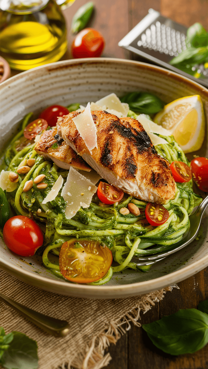 Pesto Zucchini Noodles with Grilled Chicken