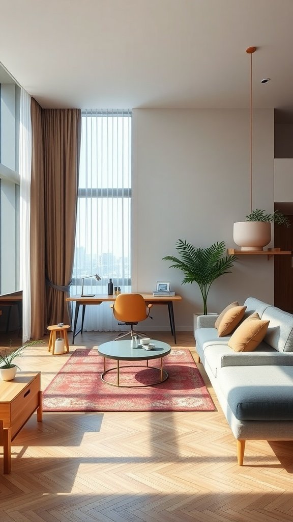 A modern living room with a sofa, coffee table, and desk, filled with natural light and plants, showcasing adaptive spaces for multifunctional living.
