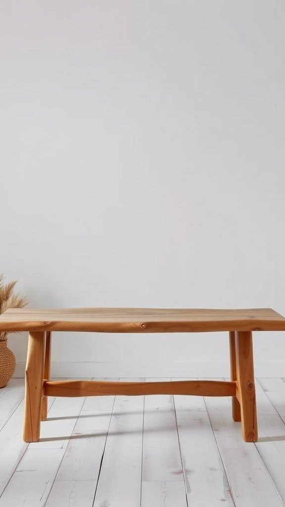 A handcrafted wooden table with a natural finish on a light wooden floor.