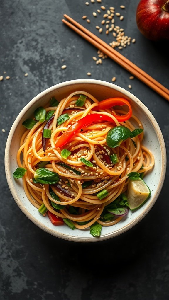 A colorful bowl of Asian sesame noodle salad garnished with vegetables and sesame seeds.