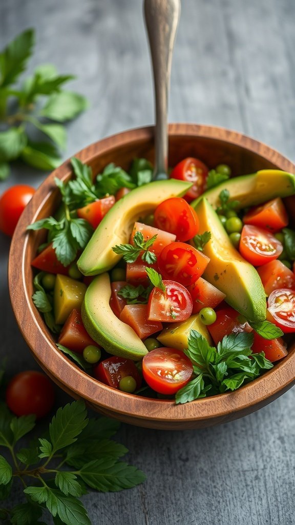A colorful bowl of avocado and tomato salad