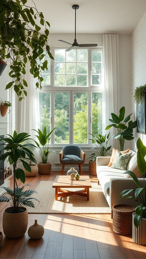 A bright living room with large windows, indoor plants, a cozy sofa, and natural materials.