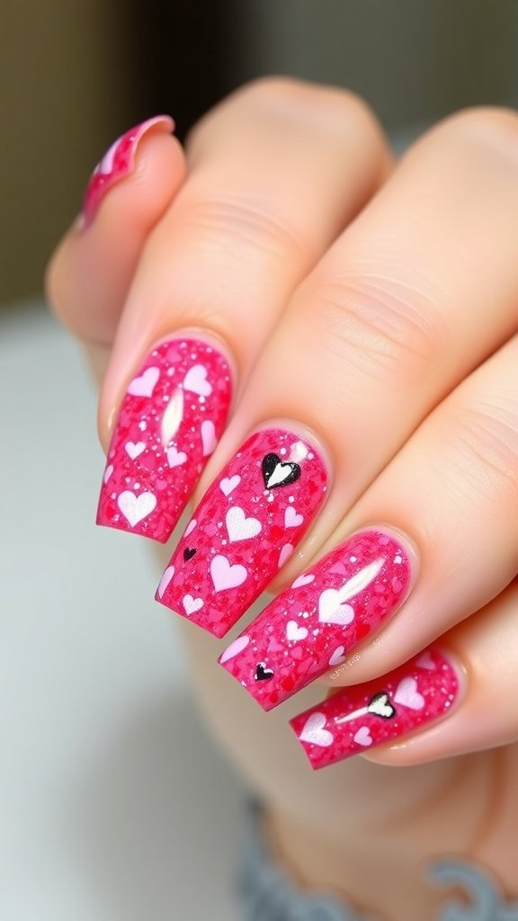Bright pink glitter nails with heart stickers