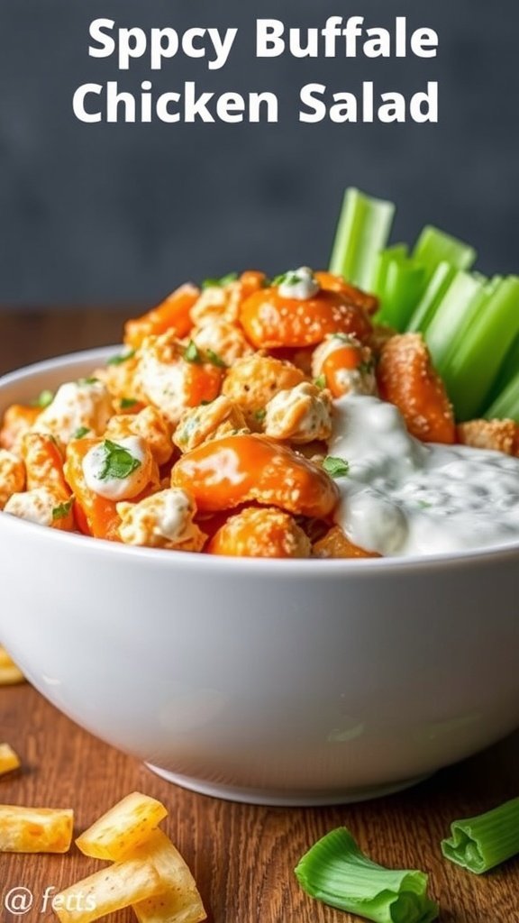 A bowl of spicy buffalo chicken salad topped with ranch dressing and garnished with celery.