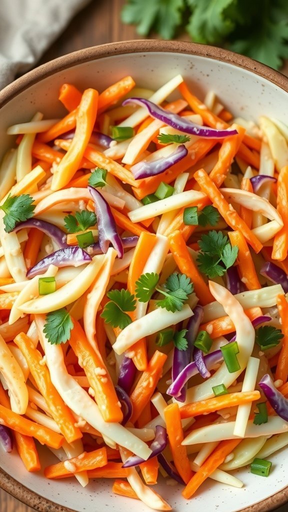 A colorful bowl of cabbage and carrot slaw with fresh herbs