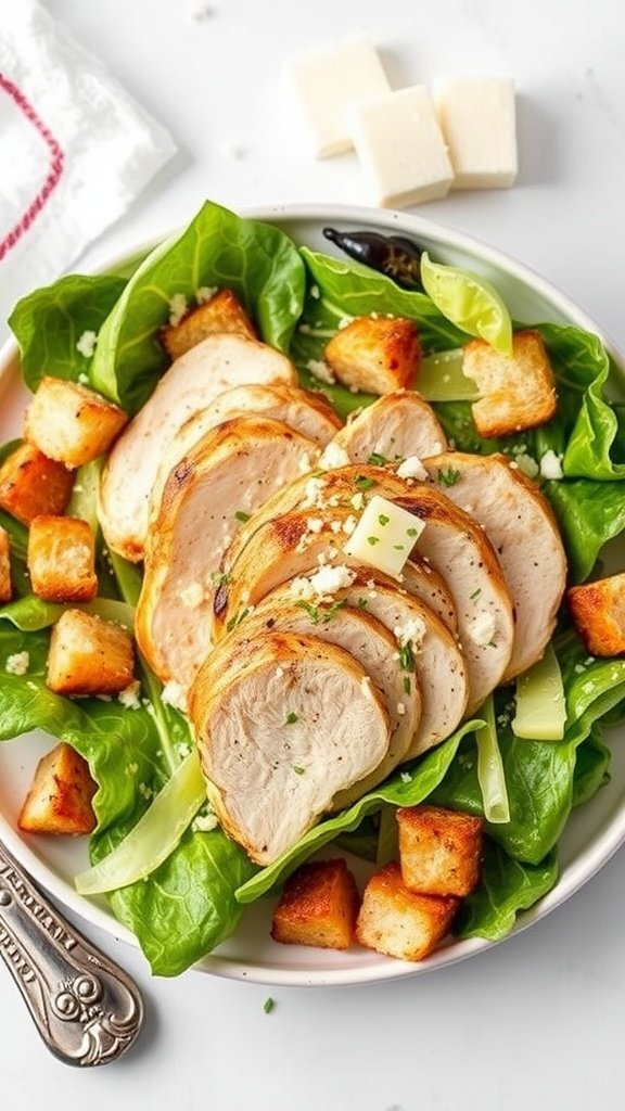 A delicious Caesar Salad with Grilled Chicken, featuring sliced chicken, croutons, and fresh greens.