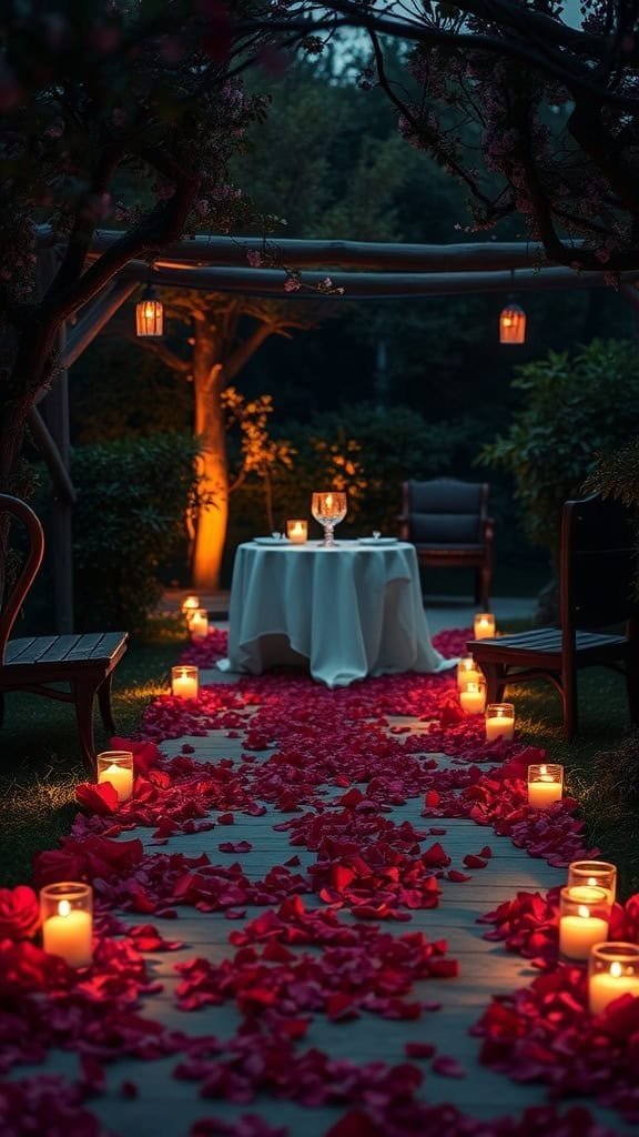 A romantic outdoor setup with candles illuminating a path of rose petals leading to a table for two.