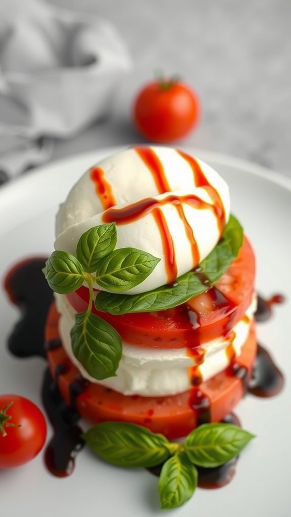 A delicious Caprese salad featuring layers of fresh tomatoes, mozzarella cheese, and basil, topped with balsamic glaze.
