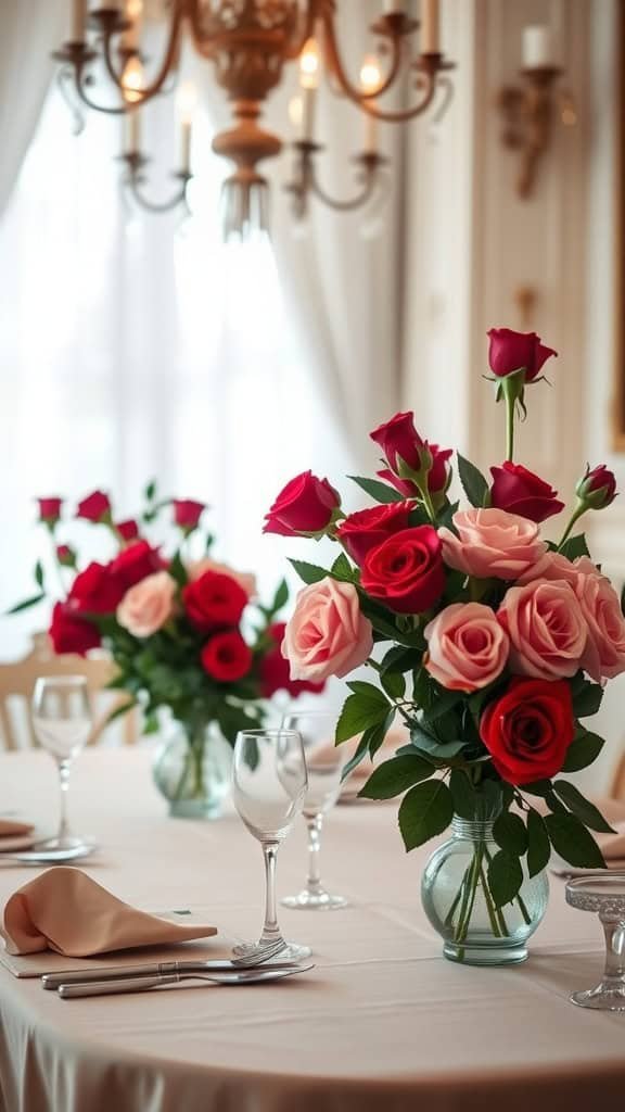 A beautifully arranged table with red and pink rose centerpieces, elegant glassware, and soft lighting.