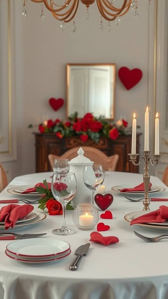 A beautifully set table for Valentine's Day featuring red napkins, candles, and heart-shaped decor.