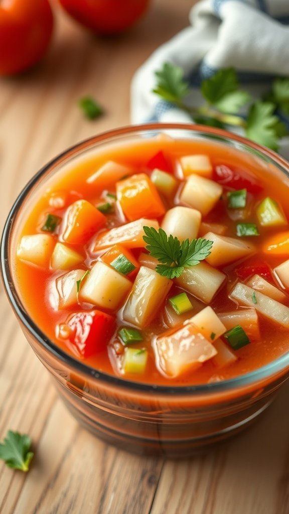 A refreshing chilled gazpacho salad with diced vegetables in a bowl