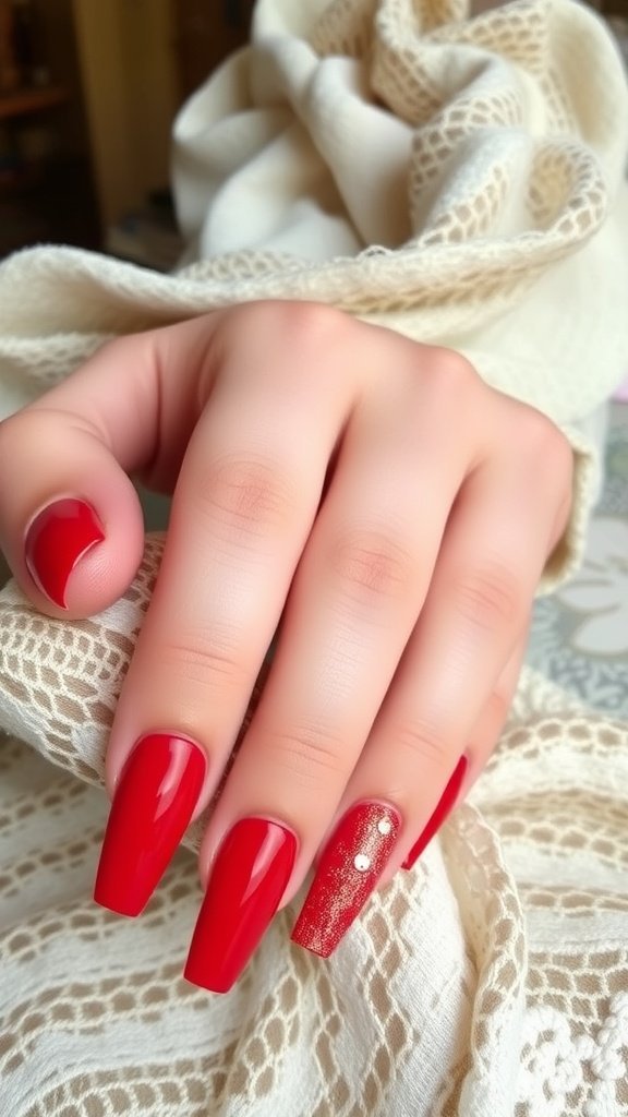 A hand with classic red nails and gold glitter highlights, resting on a soft pink fabric.