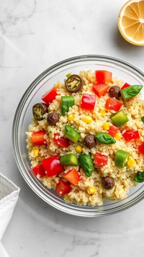A bowl of couscous salad with colorful vegetables and lemon dressing