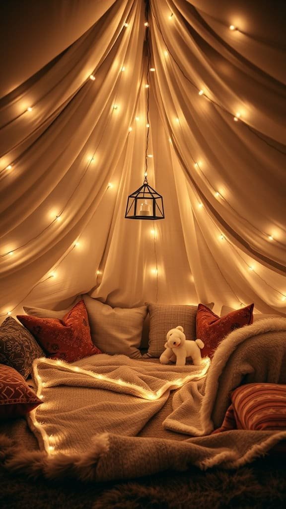 A cozy blanket fort with soft pillows and fairy lights.