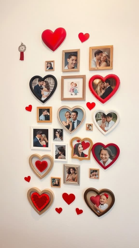 A wall decorated with heart-shaped photo frames featuring various couples and family pictures.