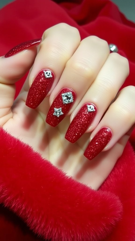 Close-up of crimson glitter nails with rhinestone accents on a soft red surface