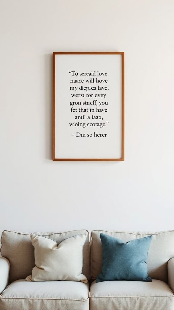 Framed love quote on a wall above a cozy couch with decorative pillows.