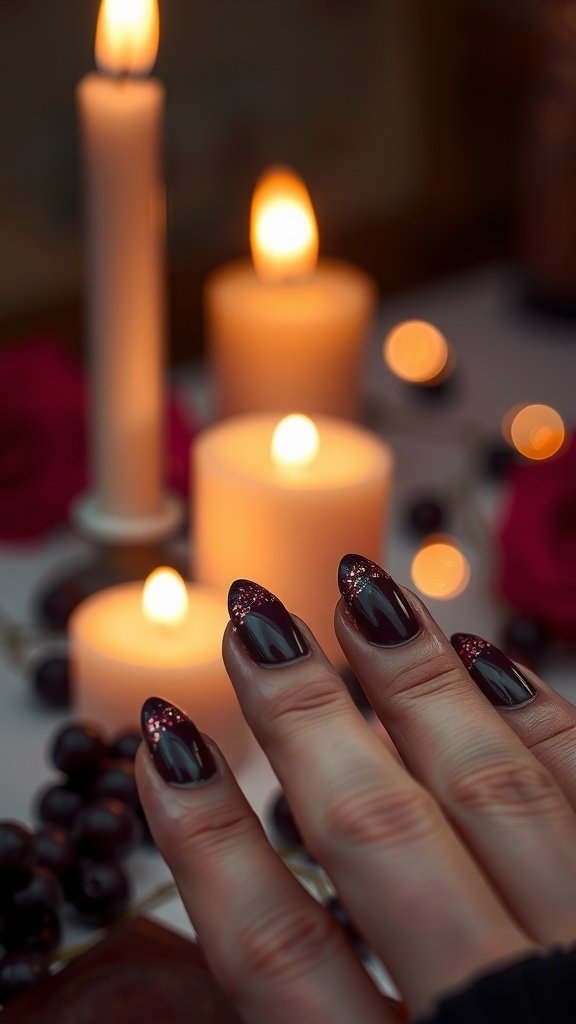 Dark berry glitter tip nails with candles and roses in the background