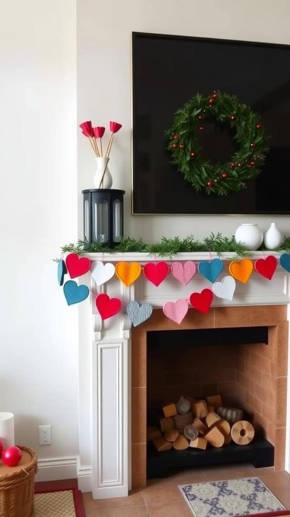 A colorful DIY heart garland hanging over a mantel, featuring red, pink, blue, and orange hearts.
