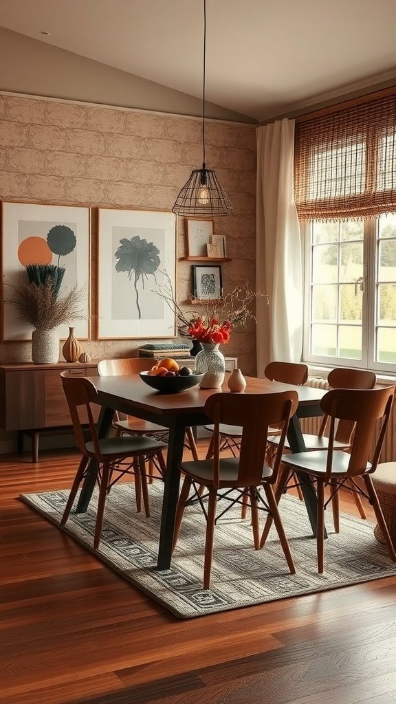 A cozy dining area featuring earthy tones, wooden furniture, and natural textures