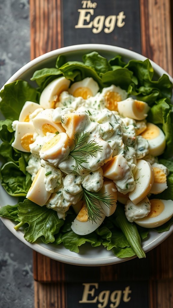 A bowl of egg salad with dill served on a bed of fresh lettuce.