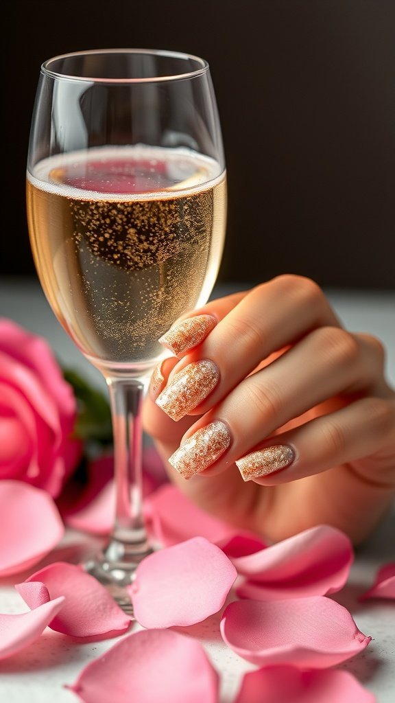 Close-up of champagne glitter nails with rose petals and candles in the background.
