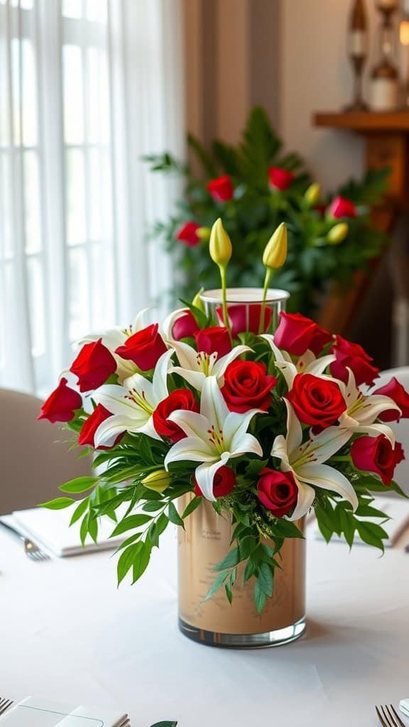 A floral centerpiece with red roses and white lilies in a glass vase on a dining table.
