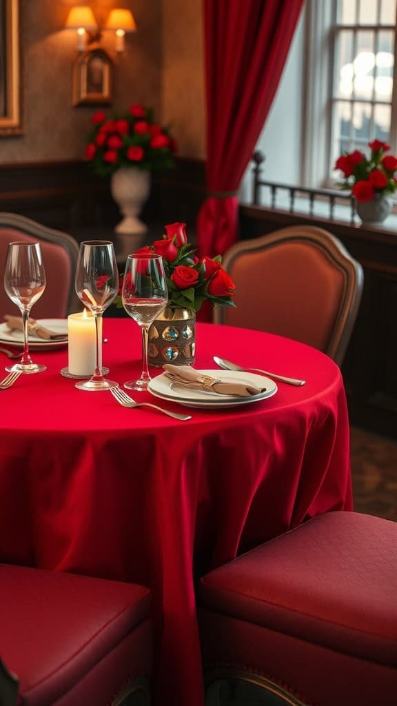 A romantic table setting featuring a red tablecloth, roses, glassware, and a candle.