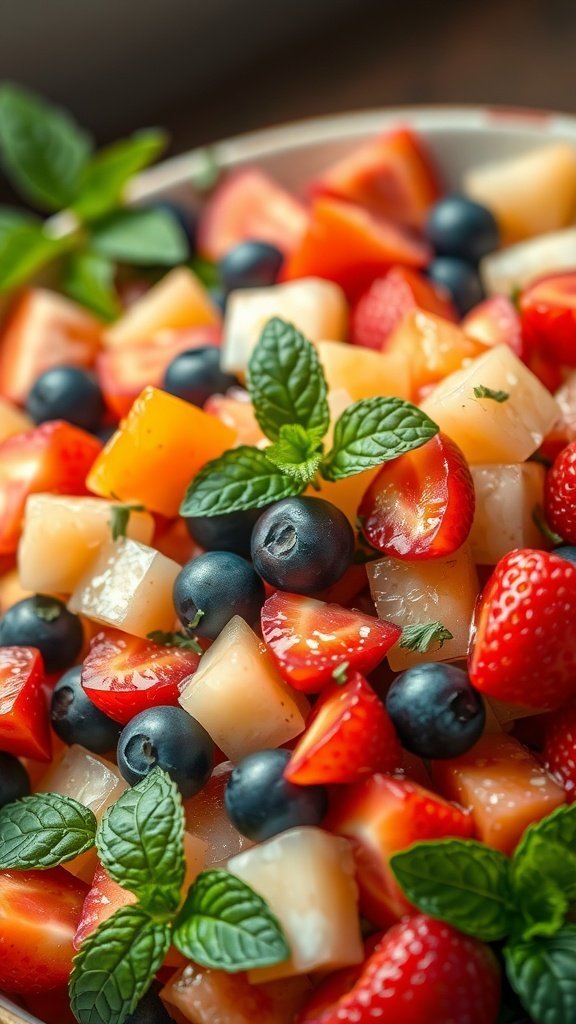 A colorful fruit salad featuring strawberries, blueberries, and melon, garnished with mint leaves.