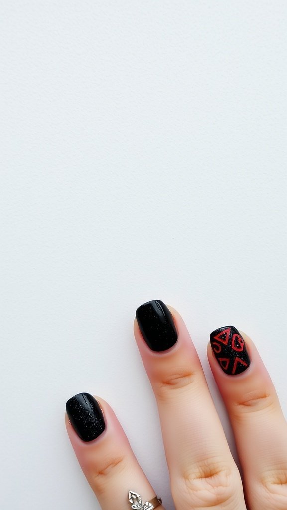 Nails painted black with glitter and red decorative design