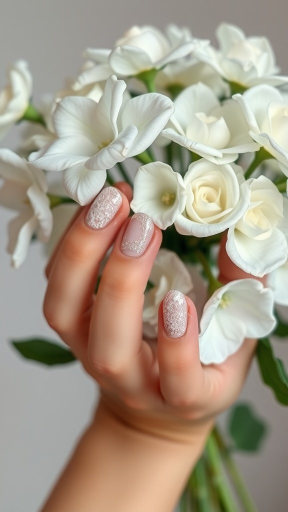 A hand with glittery white lace nail art holding a bouquet of white flowers