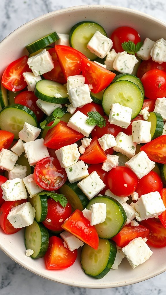 A vibrant Greek salad with cucumbers, tomatoes, and feta cheese.