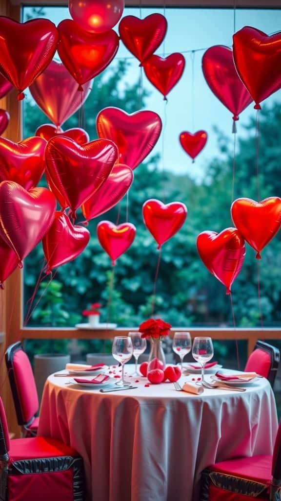 A romantic setup with heart-shaped balloons, a decorated table, and flowers for Valentine's Day.
