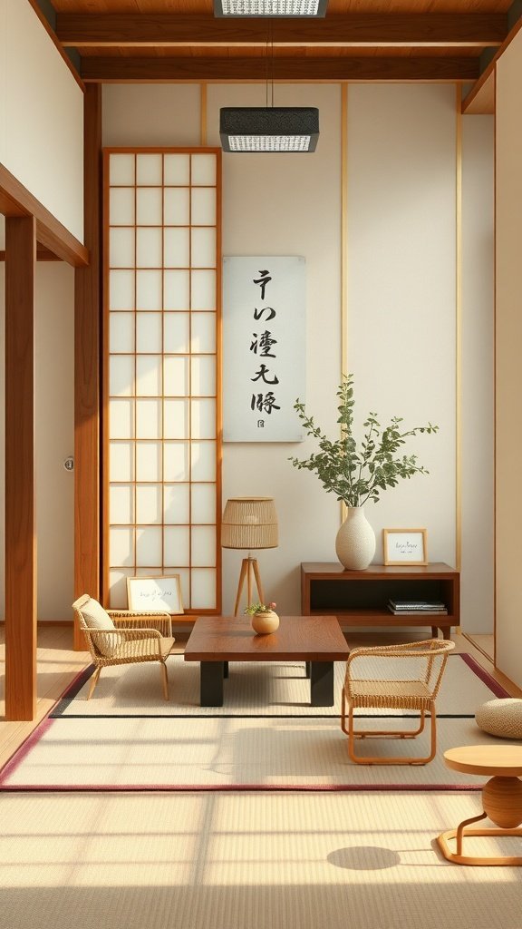 A minimalist Japanese interior featuring wooden furniture, a low table, simple chairs, and natural light.