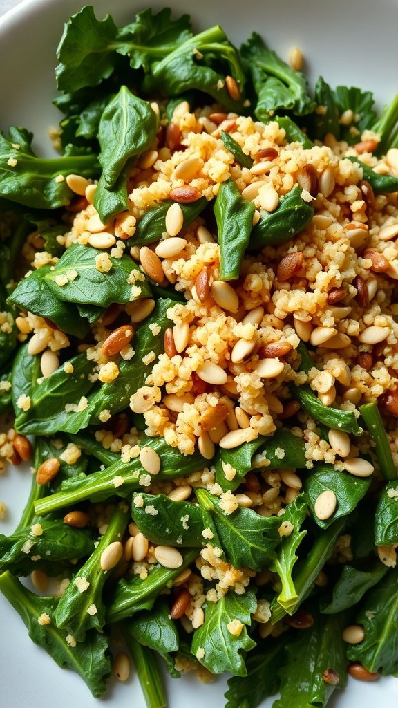 A vibrant bowl of kale and quinoa salad with pine nuts and cherry tomatoes