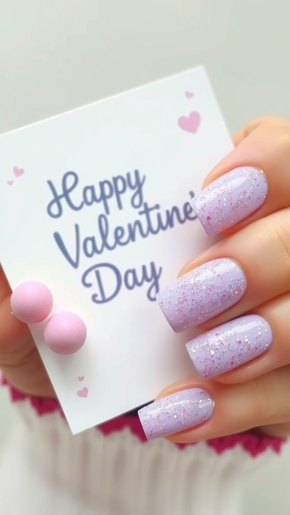 A close-up of lavender glitter gradient nails with a 'Happy Valentine's Day' card in the background.