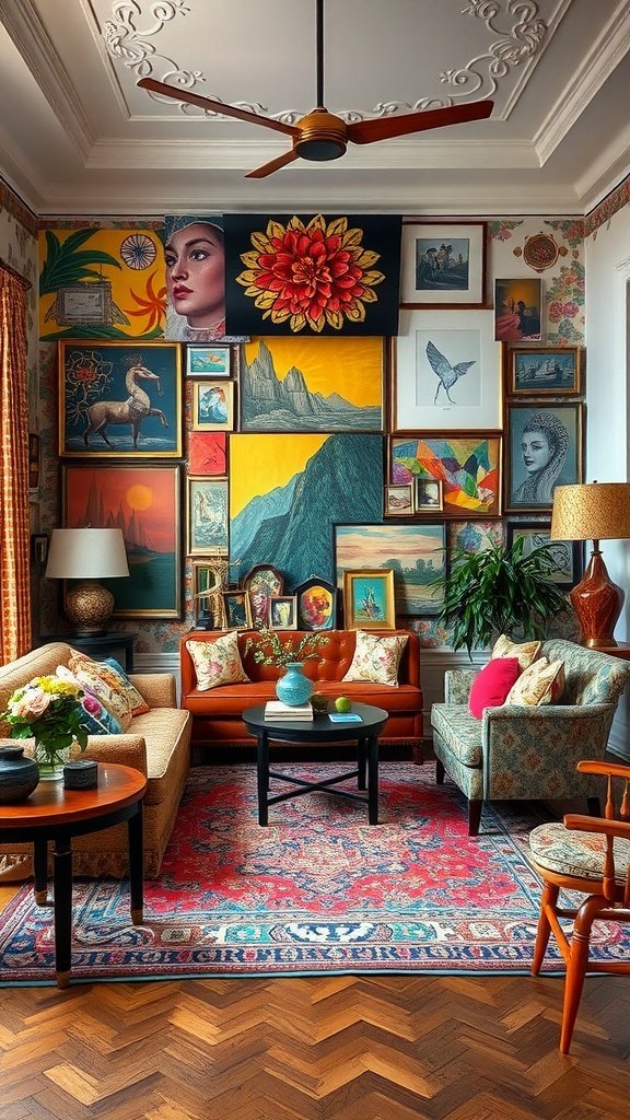 A vibrant living room showcasing maximalism with a gallery wall of various art pieces, colorful sofas, and a patterned rug.