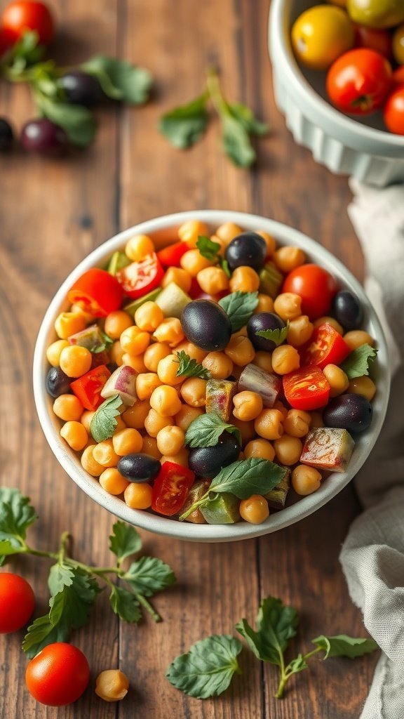 A colorful Mediterranean Chickpea Salad in a white bowl.