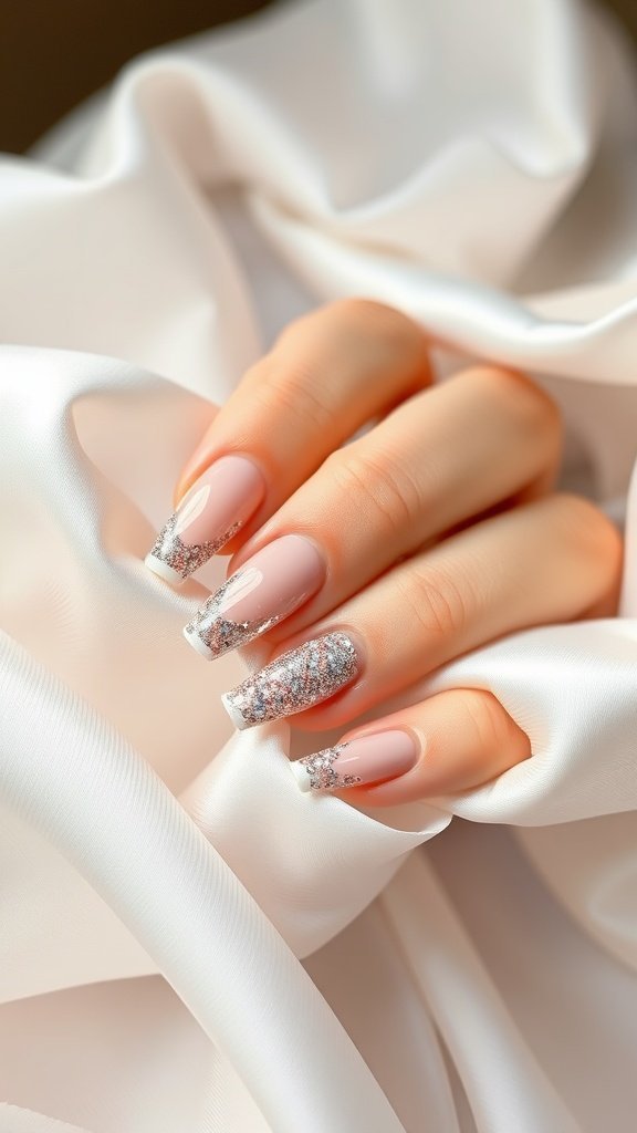 Nude nails with glitter French tips on soft fabric