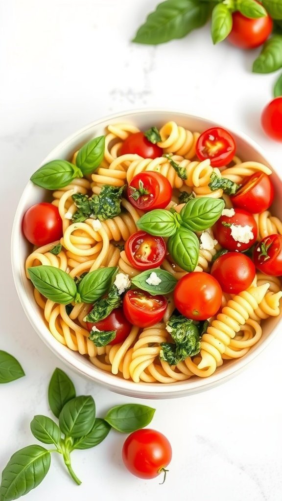 A bowl of pasta salad with pesto, cherry tomatoes, and fresh basil.