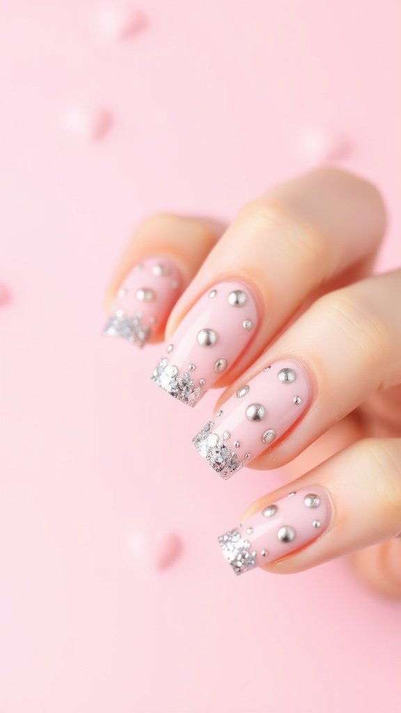 A close-up of pastel pink nails with glitter dots and sparkly tips on a pink background.