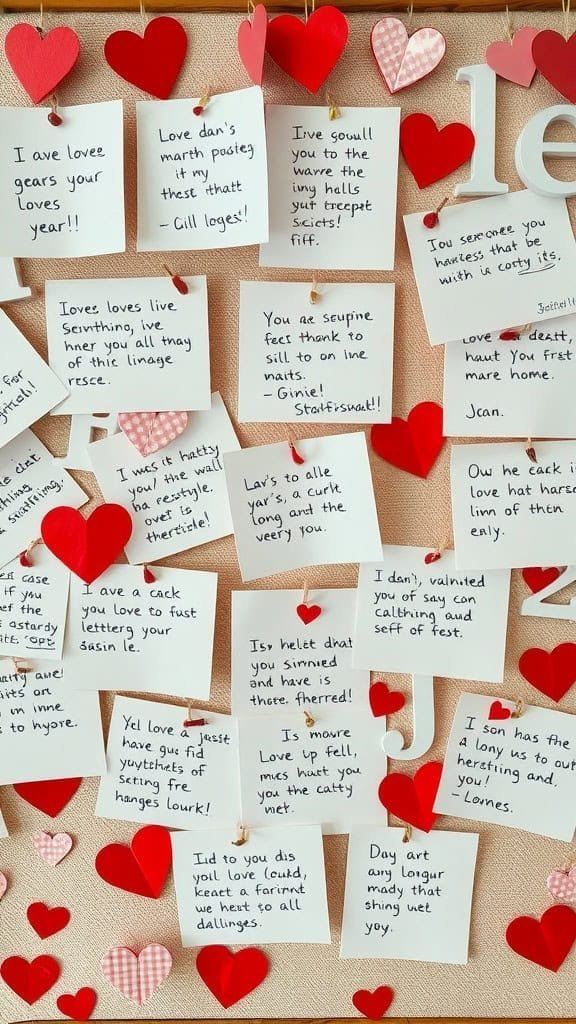 A collection of handwritten love notes displayed on a wall with red hearts.