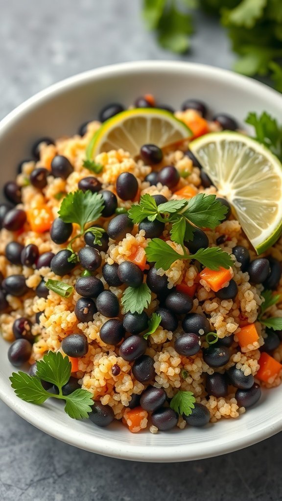 A vibrant quinoa and black bean salad garnished with lime and parsley.