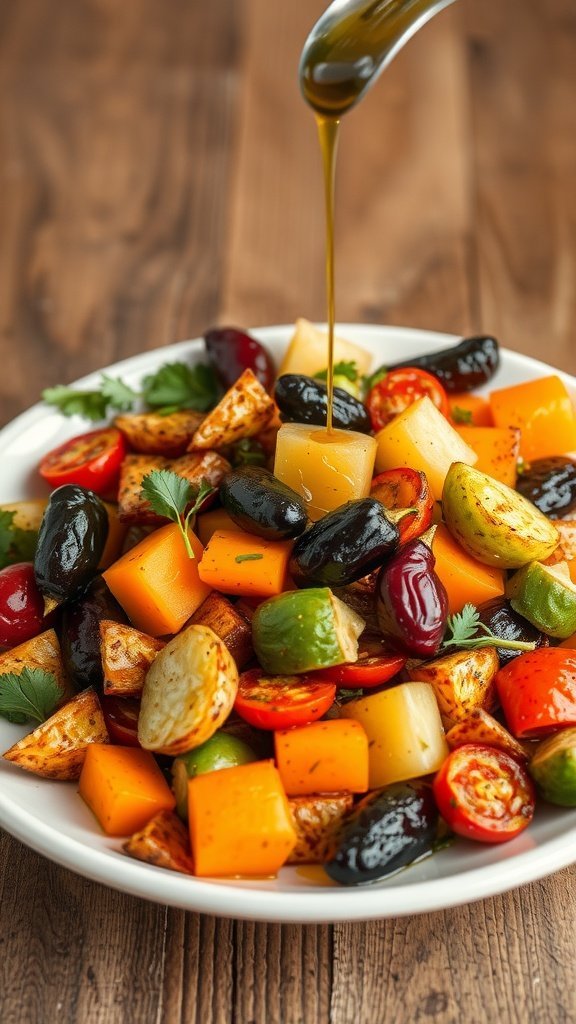 A colorful plate of roasted vegetables, including squash, tomatoes, bell peppers, zucchini, and olives, drizzled with olive oil.