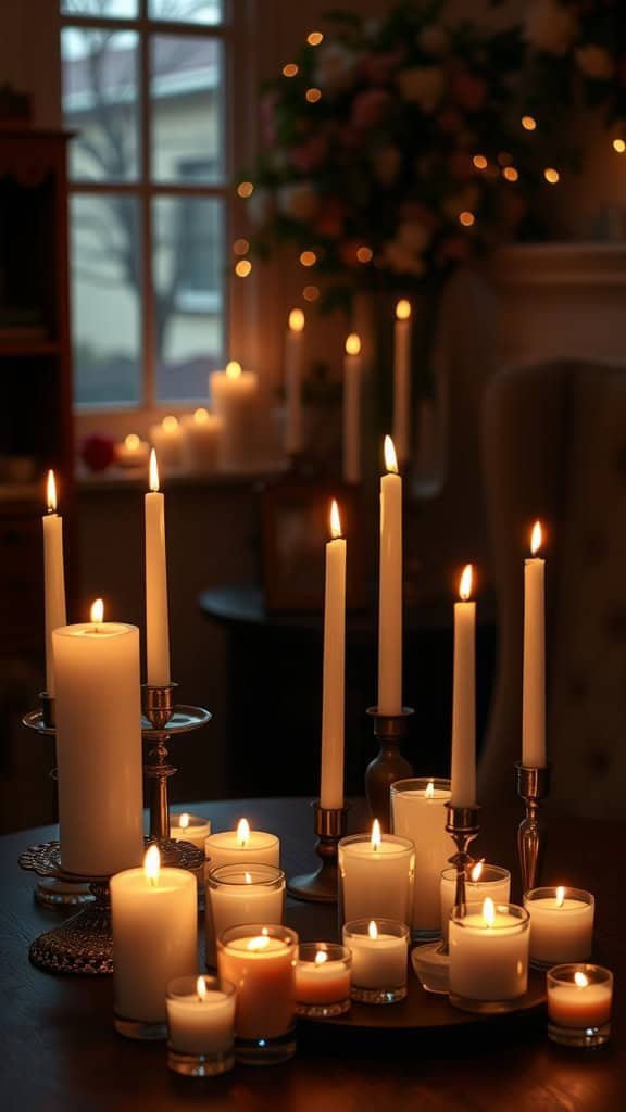 A beautifully arranged collection of candles in various sizes, casting a warm glow in a cozy setting.