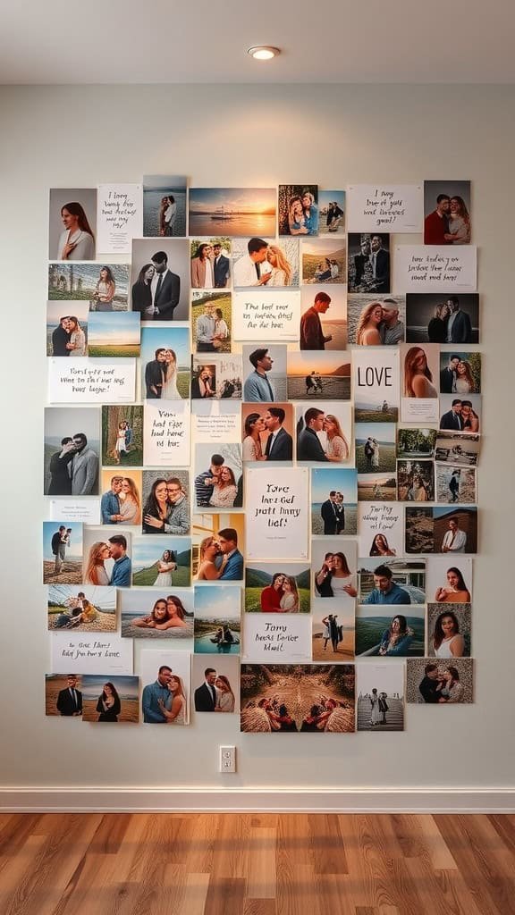 A collage of romantic photos and quotes on a wall, celebrating love and memories.