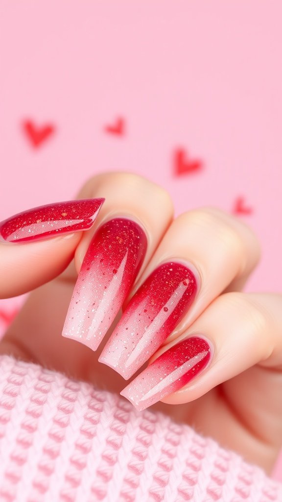 Close-up of romantic red glitter ombre nails on a pink background.