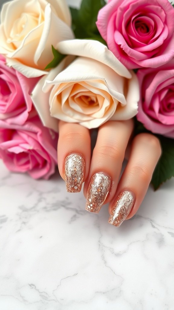 A close-up of rose gold glitter heart tip nails against a backdrop of pink and cream roses.